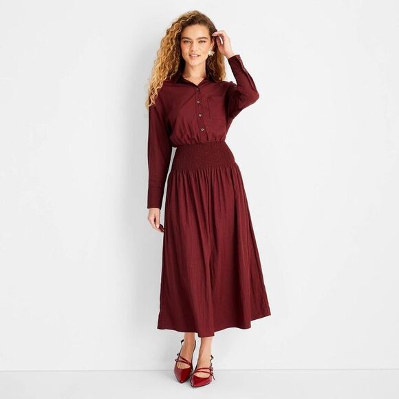 Open Box - Future Collective - Women's Collared Long Sleeve Smocked Mi Burgundy - Picture 1 of 3